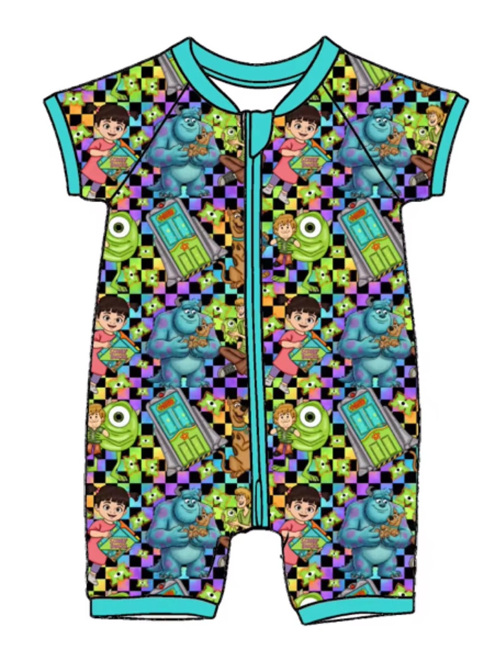 BAMBOO Short Sleeve shortie in Bright Aqua Trim and Multi-Color Print